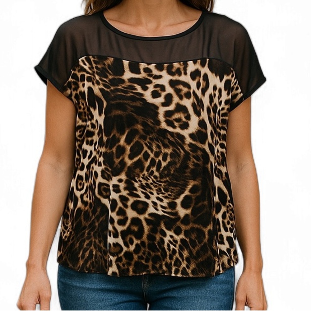 Worthington  Black and Brown Leopard Print with sheer accented neckline Blouse